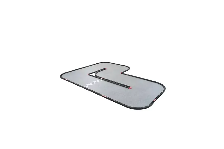 Kyosho Mini-Z carpet track set assembled on a plain white studio background, showing grey carpet sections with black border barriers and a start-finish line.