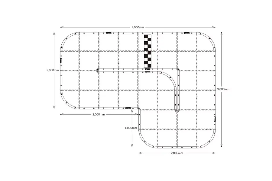 Top-down layout diagram of the Kyosho Mini-Z Carpet Track 50 Basic Set showing dimensions and layout configuration.