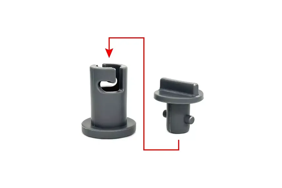 Close-up studio view of two grey plastic connectors with a red instruction arrow illustrating assembly.