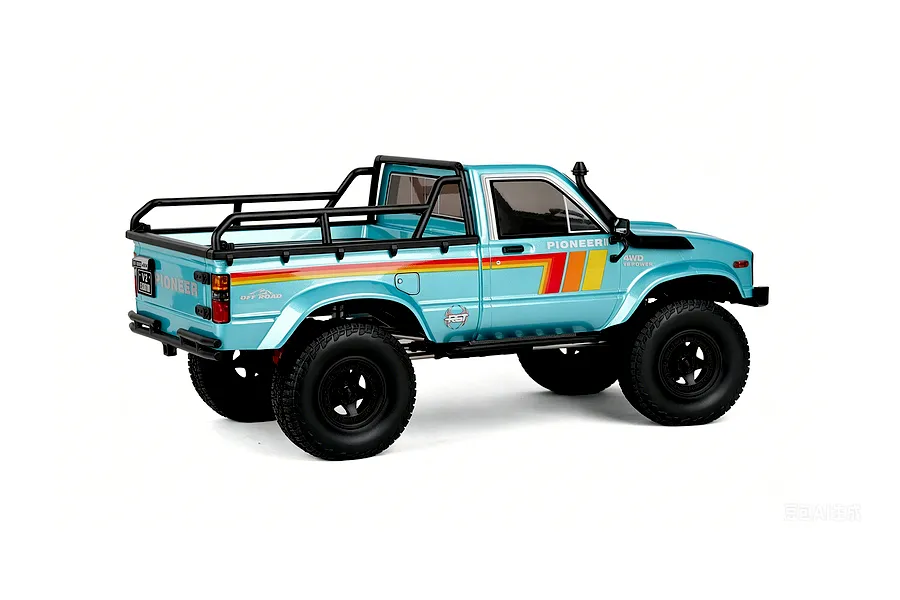 Light blue RGT Pioneer V2 Pro RC rock crawler truck viewed from rear-three-quarter angle against a white background.