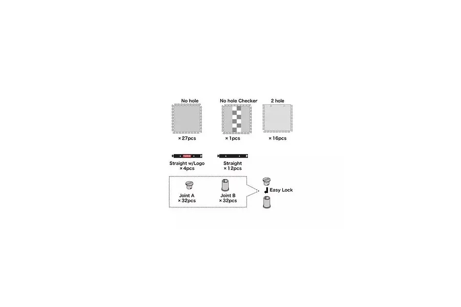 Diagram showing the contents of the Kyosho Mini-Z Carpet Track expansion set including tiles, borders, and joint locks with quantities.