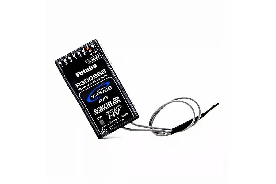 Futaba R3008SB receiver with dual antennas and terminal ports on a clean white background.