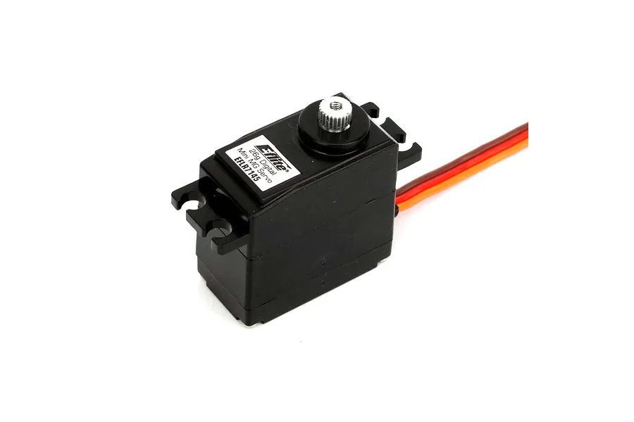 E-Flite MG Mini 26g Servo shown against a clean white background with its attached wires and output gear.