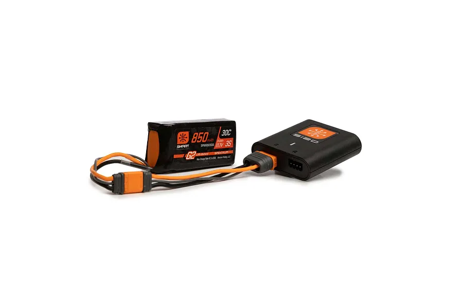 Spektrum Smart G2 Air Powerstage Bundle with 11.1V 850mAh 3S LiPo battery connected to a USB charger on a white background.