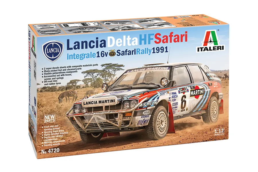 Product box for the Italeri 1/12 Lancia Delta Integrale Safari 16V plastic model kit showing a rally car graphic.