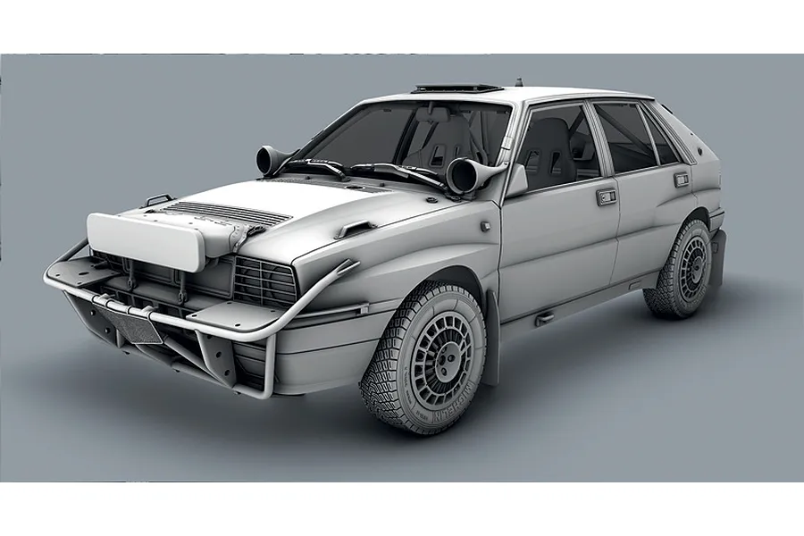 Monochrome studio render of the Italeri 1/12 Lancia Delta Integrale Safari 16V model car showing front brush guards and rally modifications.