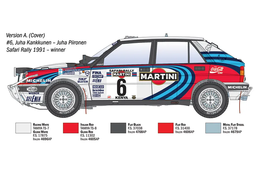 Illustration showing side profile of Lancia Delta Integrale rally car with Martini livery and paint color guides below.