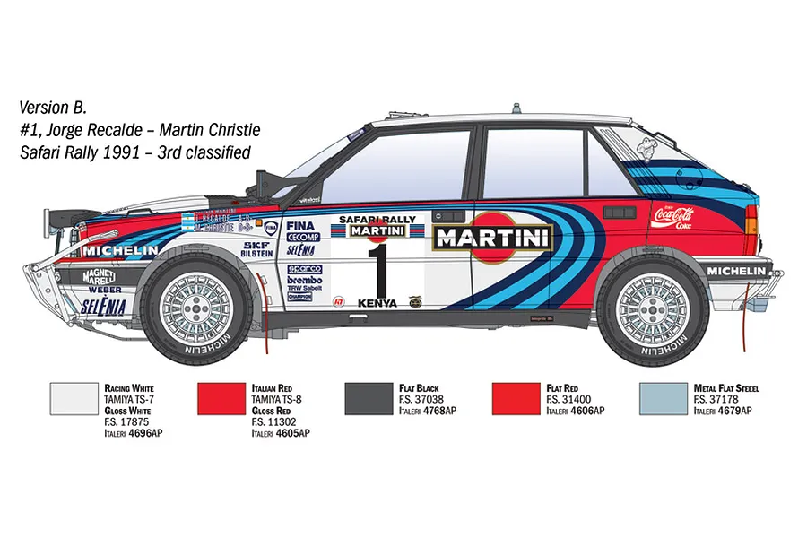 Diagram showing side profile painting and decal guide for Version B of the Lancia Delta Integrale Safari rally car model kit.