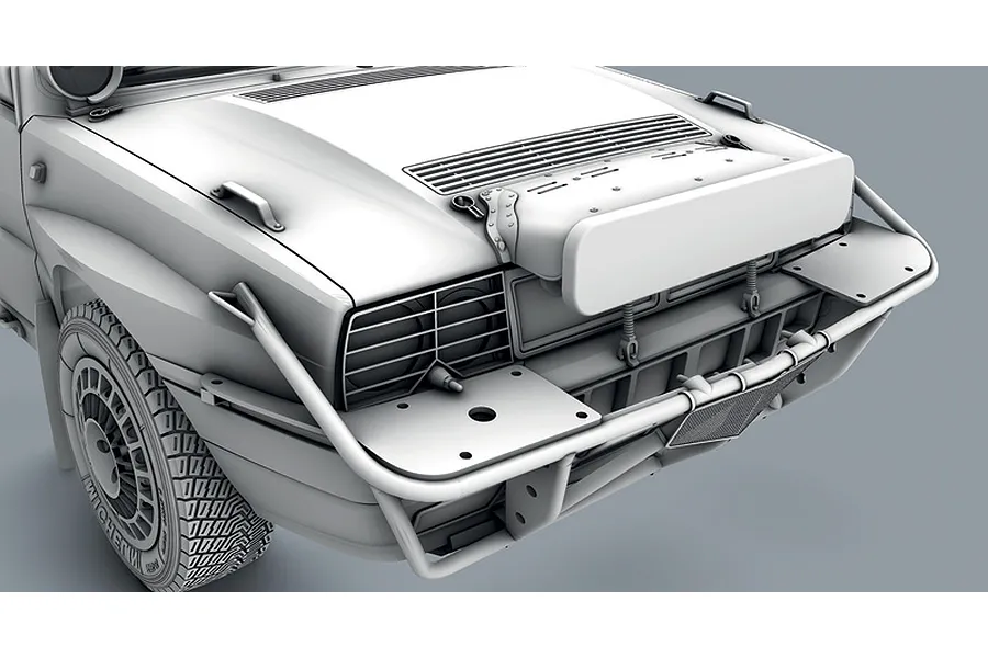 3D render of the front section of a Lancia Delta scale model showing front bumper, brush guard, and hood details.