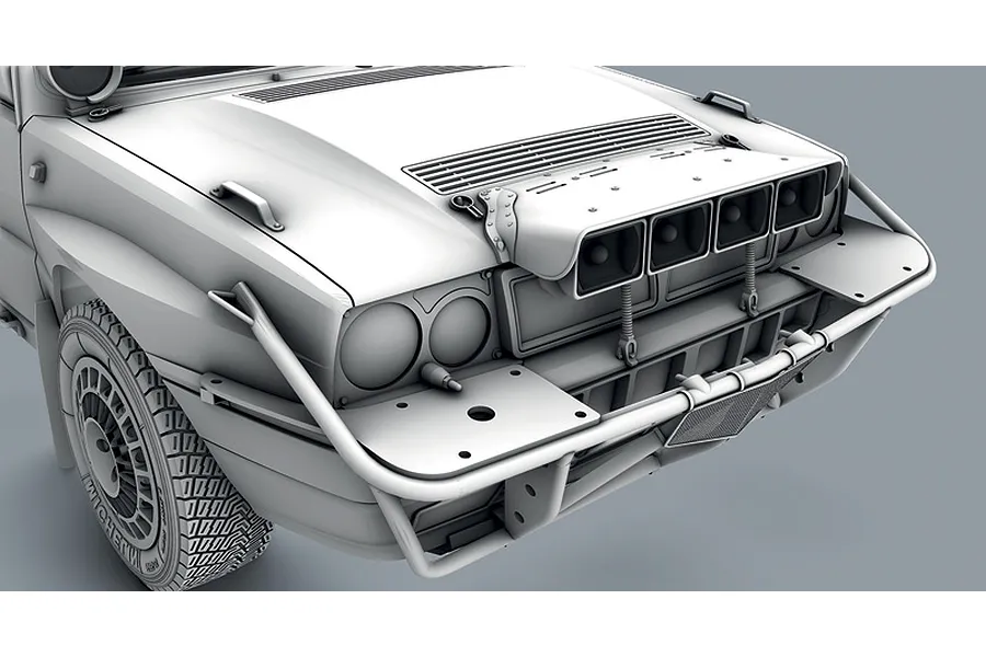 3D digital render showing a close-up of the front end and Safari style bull bar of a Lancia Delta model kit in white.