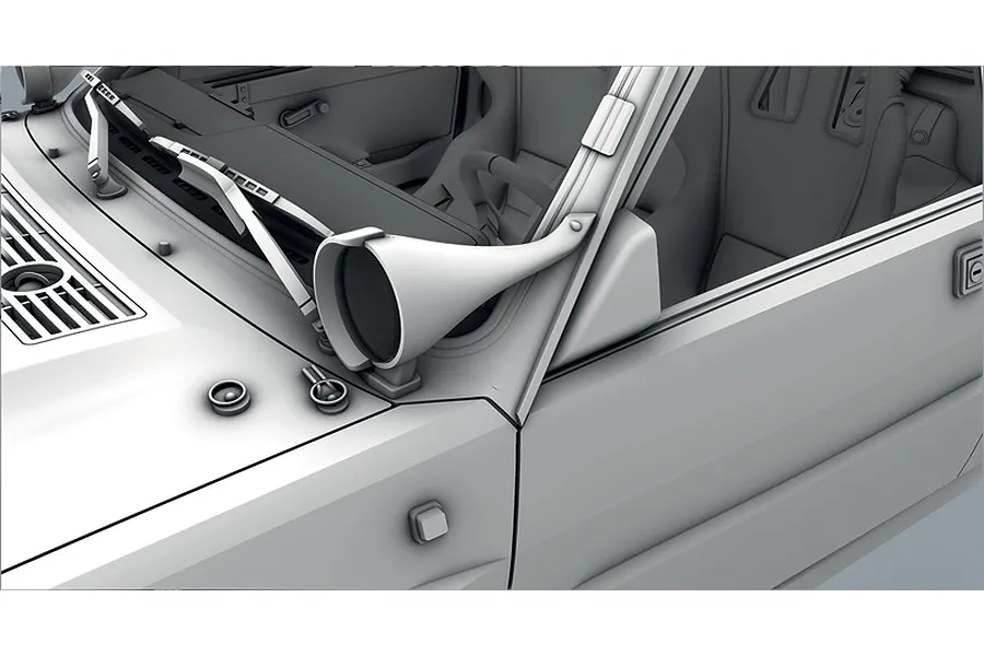 Close-up render of the Italeri Lancia Delta model kit showing the front windshield wiper, side mirror, and interior bucket seats.