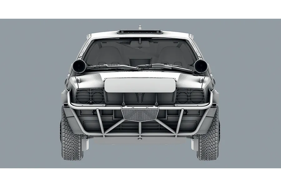 Front view of an unpainted 3D render of the Italeri Lancia Delta Integrale Safari model car kit against a solid grey background.