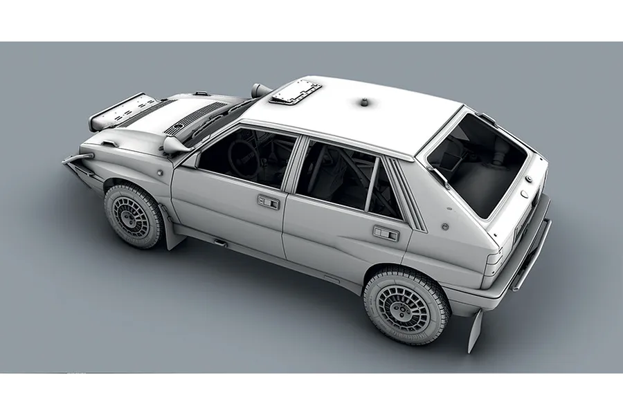 Digital 3D render of a Lancia Delta Integrale rally car shown from a high-angle side view against a plain grey background.