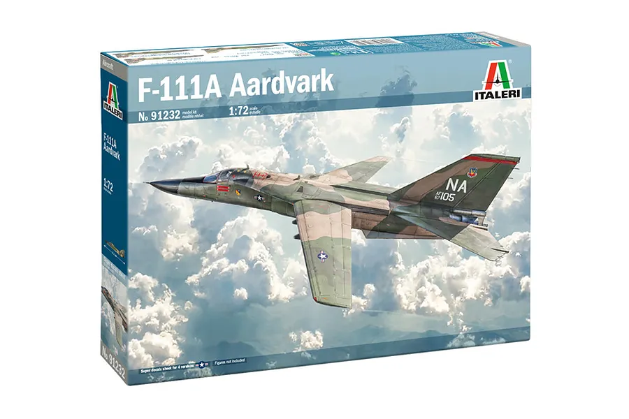 Italeri 1/72 scale F-111A Aardvark plastic model kit box featuring artwork of an aircraft flying through clouds.