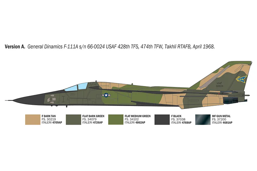 Colour and marking profile diagram for Version A General Dynamics F-111A model kit showing camouflage and paint codes.