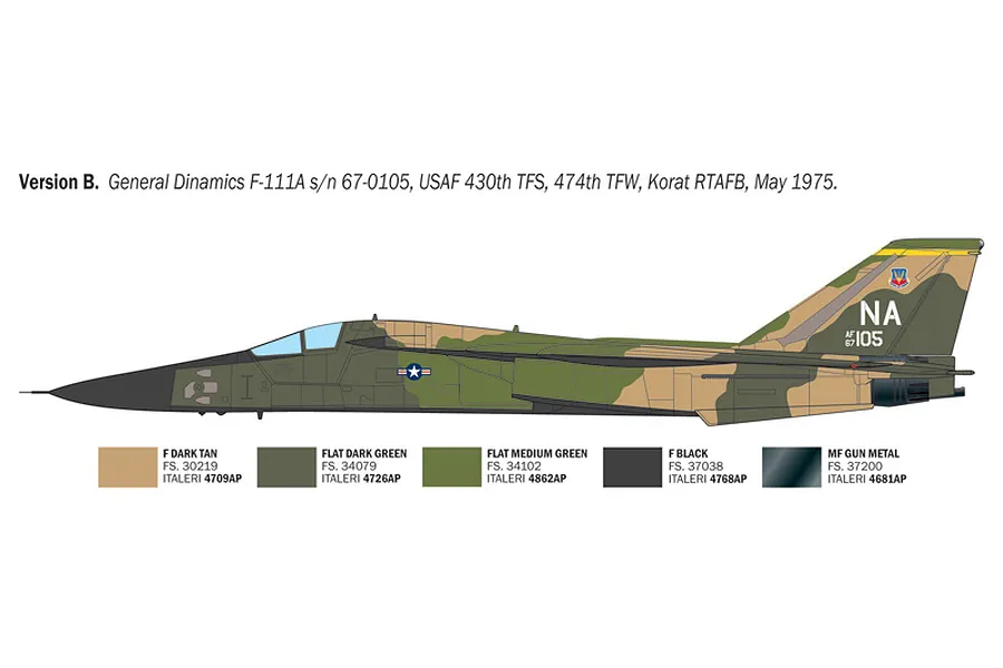 Colour profile illustration for Version B of the Italeri F-111A Aardvark model showing camouflage scheme and paint color references.