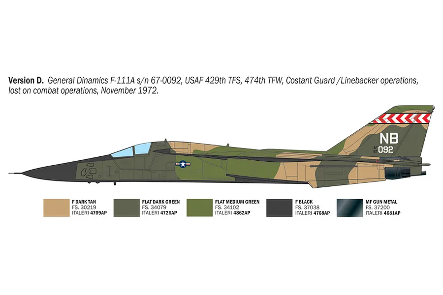 Profile illustration of an F-111A Aardvark aircraft in camouflage scheme with paint colour callouts for version D.