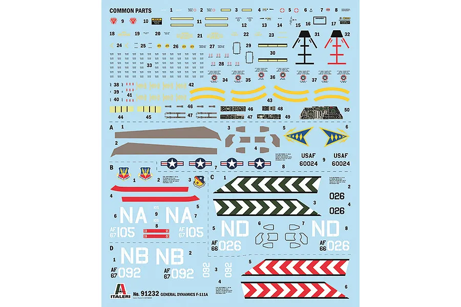 Model kit decal sheet for Italeri 1/72 F-111A Aardvark showing common parts, insignia, numbers, and stripes on a blue backing.