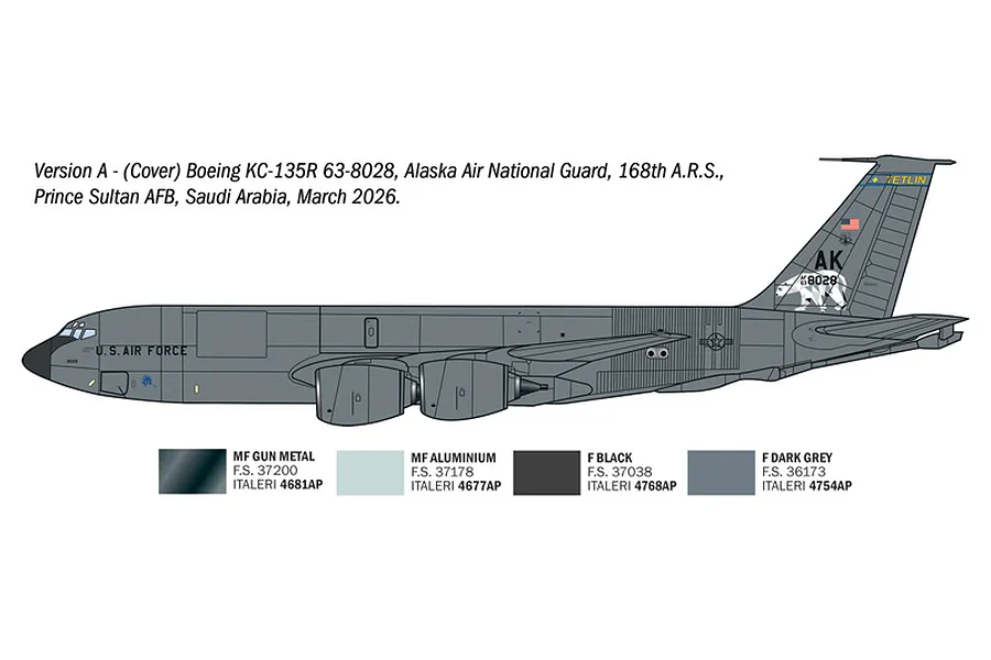 Color profile diagram of a Boeing KC-135R Stratotanker military aircraft with paint color swatches and text describing Version A.