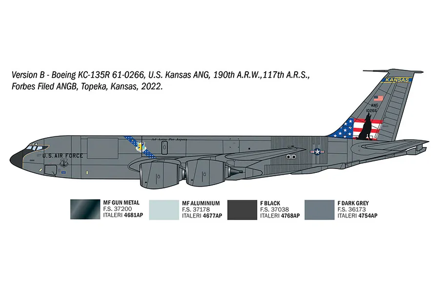 Profile illustration of a Boeing KC-135R Stratotanker military aircraft with Kansas Air National Guard markings, accompanied by paint color swatches.