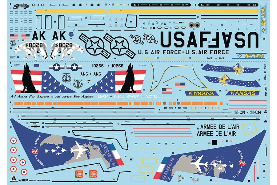 Water slide decal sheet for Italeri 1/72 KC-135 Stratotanker model kit with various military markings and insignias.