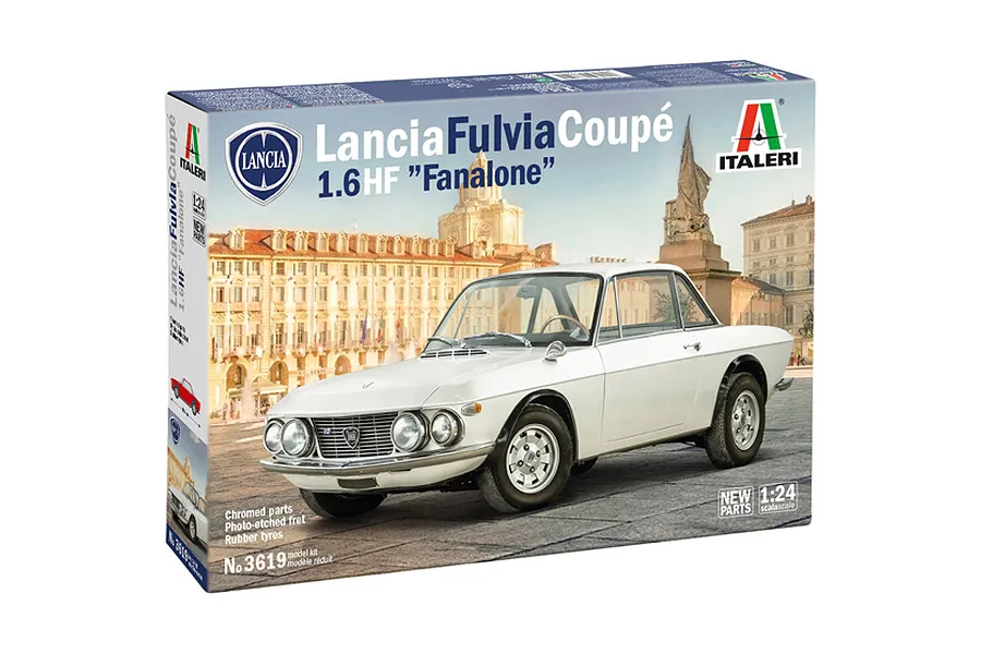 Product packaging for the Italeri 1/24 Lancia Fulvia Coupe 1.6 HF Fanalone plastic model kit, featuring box art of the white car.