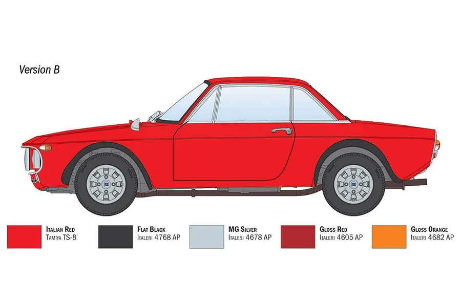 Illustration showing a side profile of a red Lancia Fulvia model car Version B with paint reference swatches below.