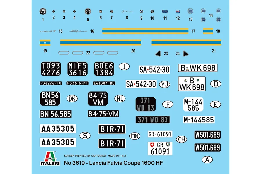 Water slide decal sheet for the 1/24 scale Italeri Lancia Fulvia Coupe 1600 HF model kit, showing numbers, stripes, and license plates.