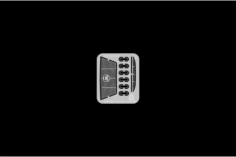 Photo-etched metal detail parts sheet for Lancia Fulvia model kit against a solid black background.