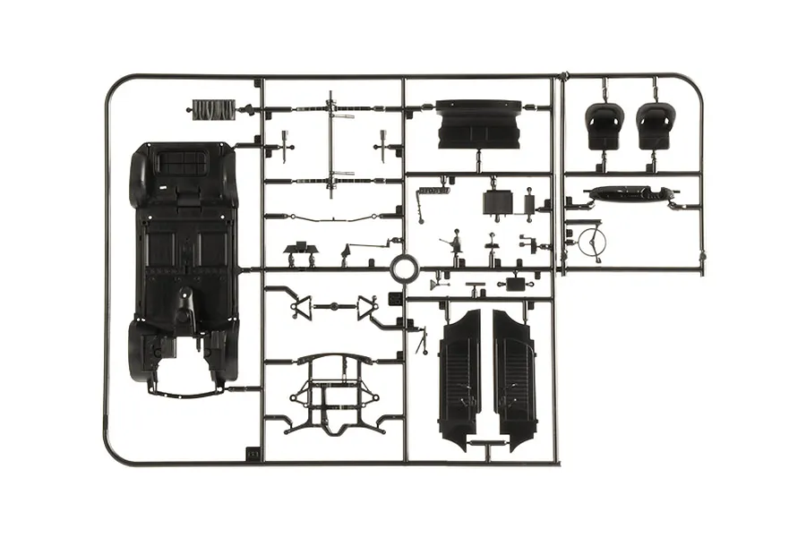 Black plastic model kit parts sprue featuring interior components, chassis, and seats on a white background.