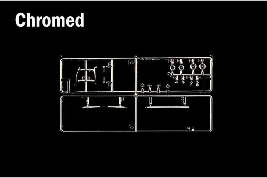 Sprue of chromed plastic model car parts on a black background with the text Chromed in the top left corner.