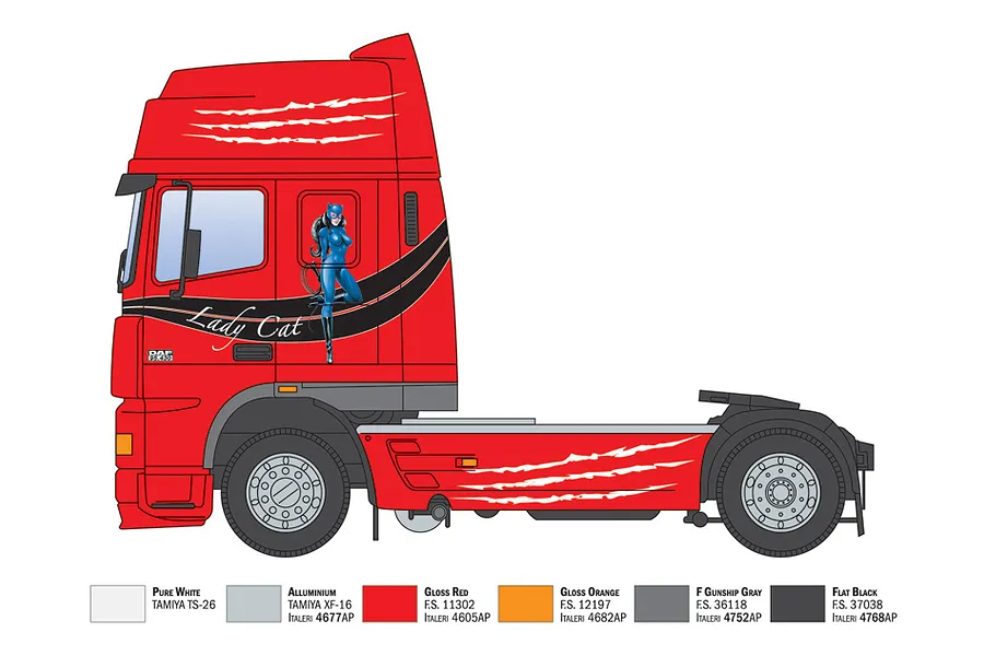 Illustration showing a profile view of the red DAF XF 95 Super Space Cab semi truck model with Lady Cat decals and paint reference swatches.