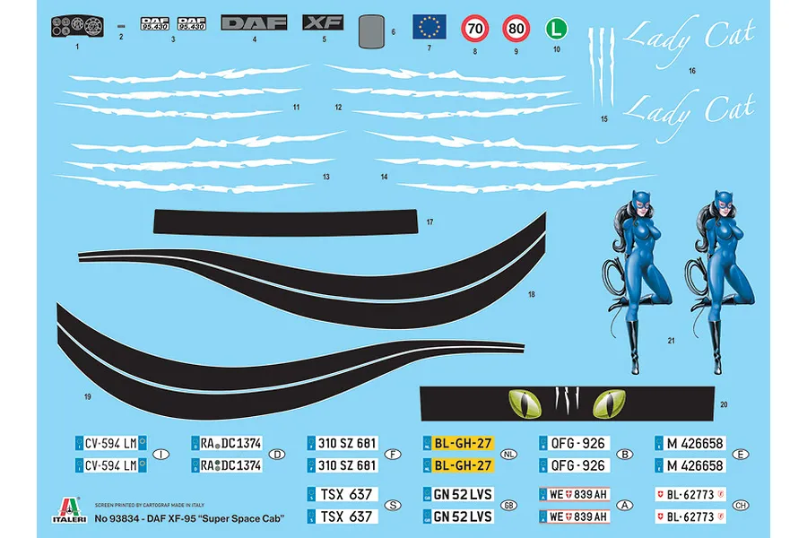 Water slide decal sheet for Italeri 1/24 DAF XF 95 Super Space Cab model kit featuring logos, license plates, and cat graphics.