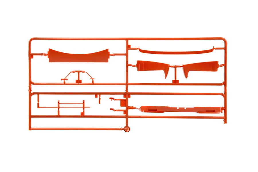 Red plastic model sprue featuring various body and trim parts for the Italeri 1/24 DAF XF 95 truck kit.