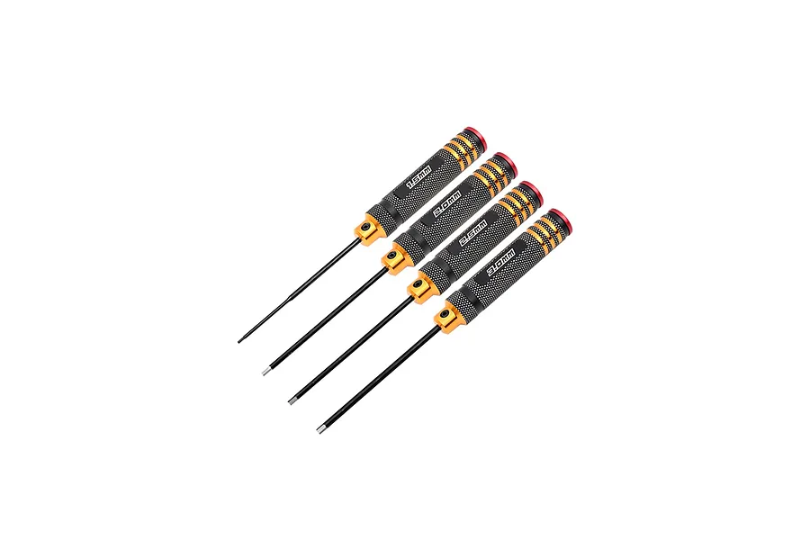 GPM Racing 1.5mm, 2.0mm, 2.5mm, and 3.0mm hex driver set with black and orange knurled handles on a white background.