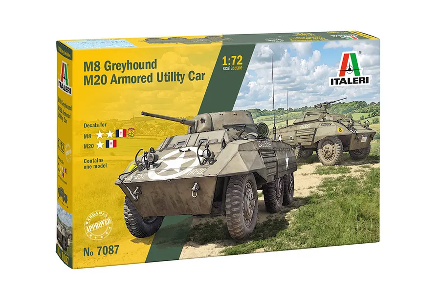 Italeri 1/72 M8 Greyhound / M20 Armored Utility Car plastic model kit box packaging.