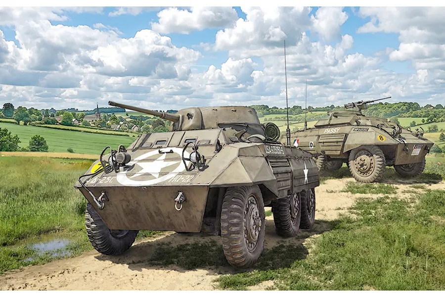 Box art illustration of Italeri 1/72 M8 Greyhound and M20 armoured military vehicles driving along a dirt path in the countryside.