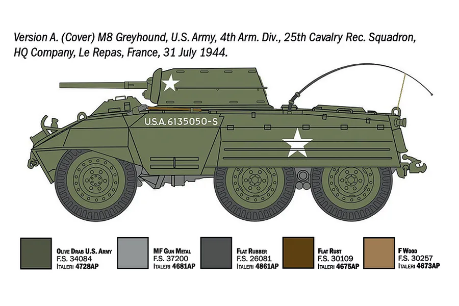 Colour profile illustration of an M8 Greyhound military vehicle in olive drab with paint swatches displayed underneath.