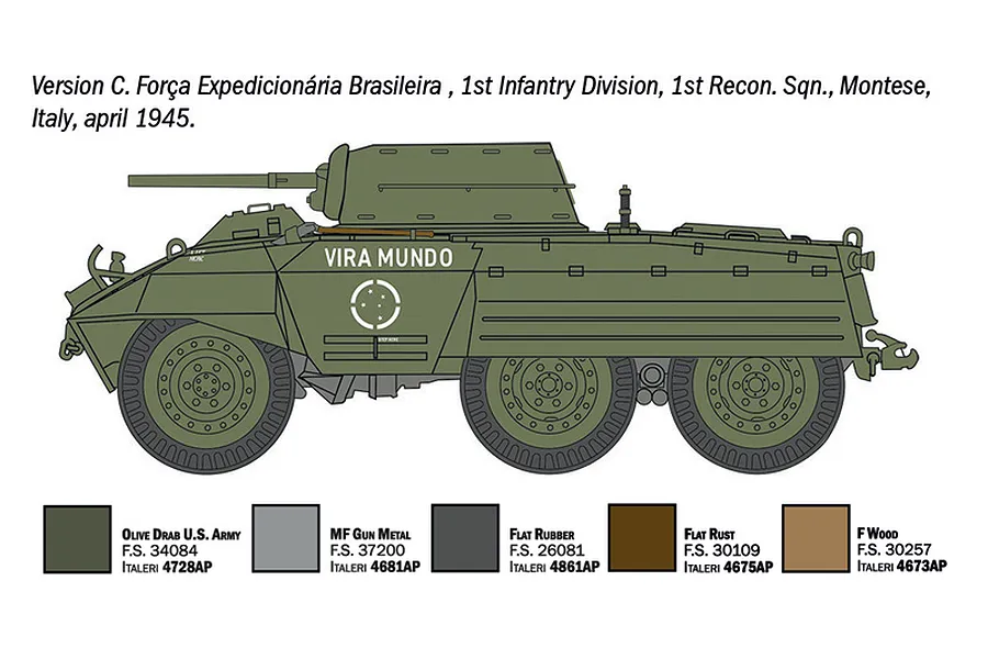 Colour profile diagram of an M20 armored car showing paint colour swatches for the Brazilian Expeditionary Force in April 1945.
