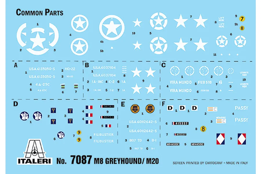 Water slide decal sheet for Italeri 1/72 M8 Greyhound and M20 model kit, featuring US and allied military markings.