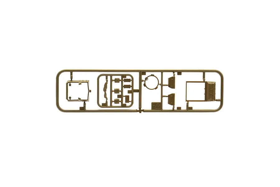 Tan plastic model kit sprue containing various small vehicle components against a plain white background.