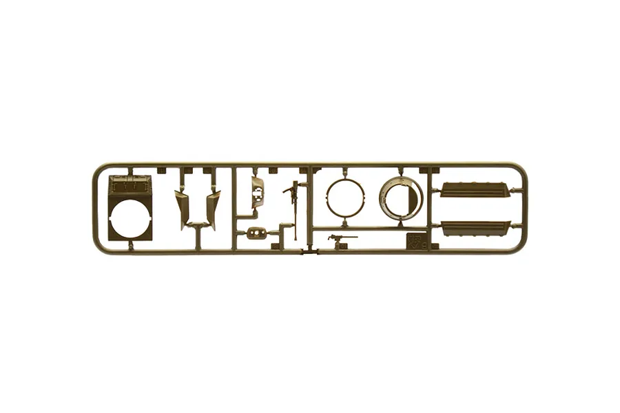 An olive green plastic model kit sprue containing various parts like armor plates and turret components.