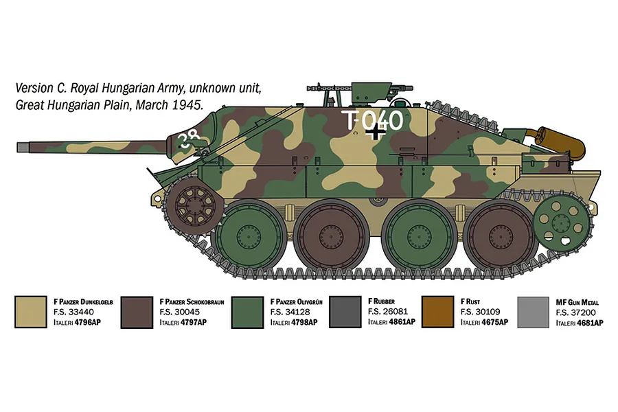 Colour profile illustration and paint guide for a Jagdpanzer 38t Hetzer tank in Royal Hungarian Army camouflage.