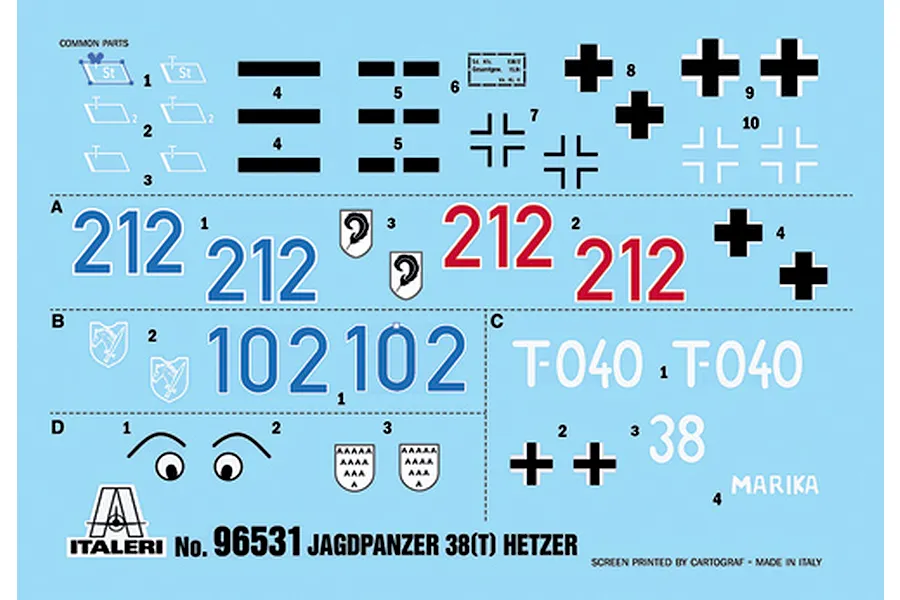 Water slide decal sheet for Italeri 1/35 Jagdpanzer 38(t) Hetzer model kit, featuring numbers, crosses, and insignia.