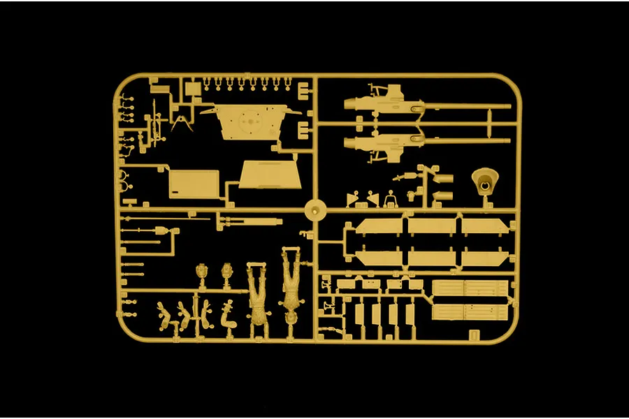 Tan plastic model kit sprue containing various parts and figures on a black background