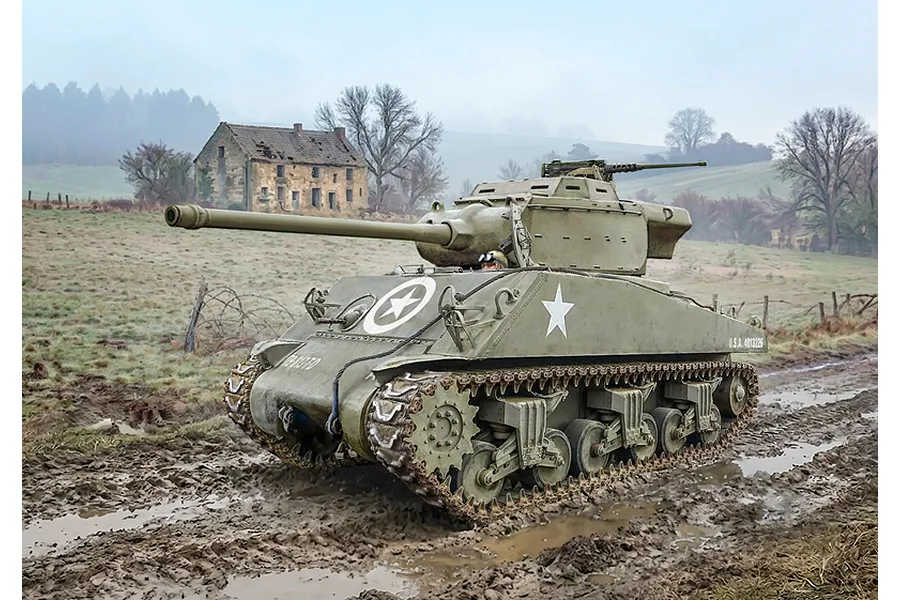 Built and painted Italeri 1/35 M36B1 90mm Gun Motor Carriage military tank model diorama in a muddy field.