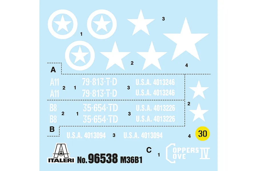 Water slide decal sheet featuring white US military stars, serial numbers, and Italeri branding for a 1/35 scale M36B1 model kit.