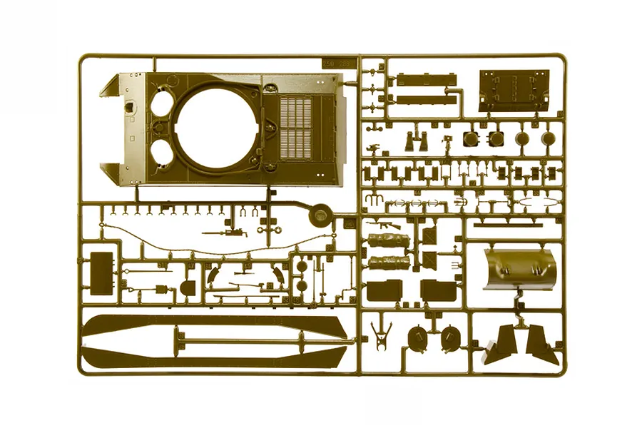 An olive green plastic model kit sprue featuring various military vehicle parts against a white background.