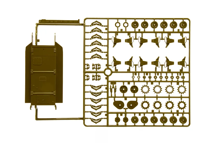 An olive green plastic model kit sprue featuring tank parts including wheels, suspension components, and a hull section.