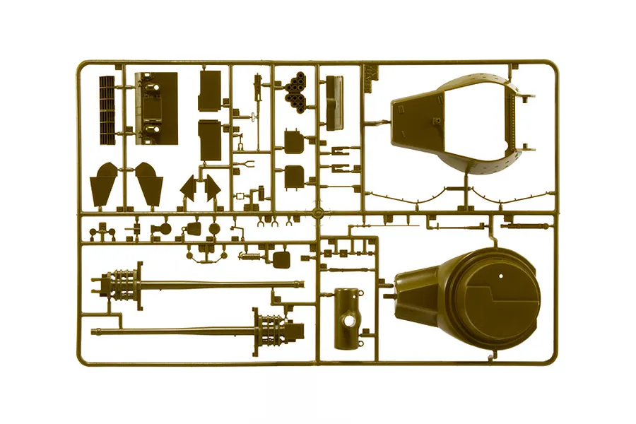 Olive green plastic model kit sprue containing various military vehicle parts like a turret and cannon barrel against a white background.